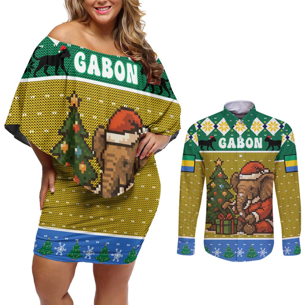 Gabon Christmas Couples Matching Off Shoulder Short Dress and Long Sleeve Button Shirt with Pixel Art Elephant Santa Christmas Tree and Flag Colors Pattern - Wonder Print Shop