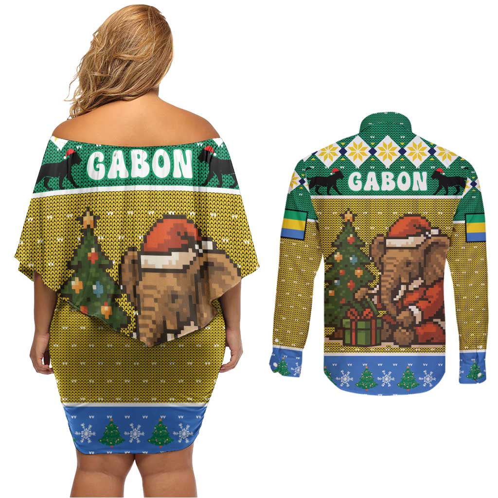 Gabon Christmas Couples Matching Off Shoulder Short Dress and Long Sleeve Button Shirt with Pixel Art Elephant Santa Christmas Tree and Flag Colors Pattern - Wonder Print Shop
