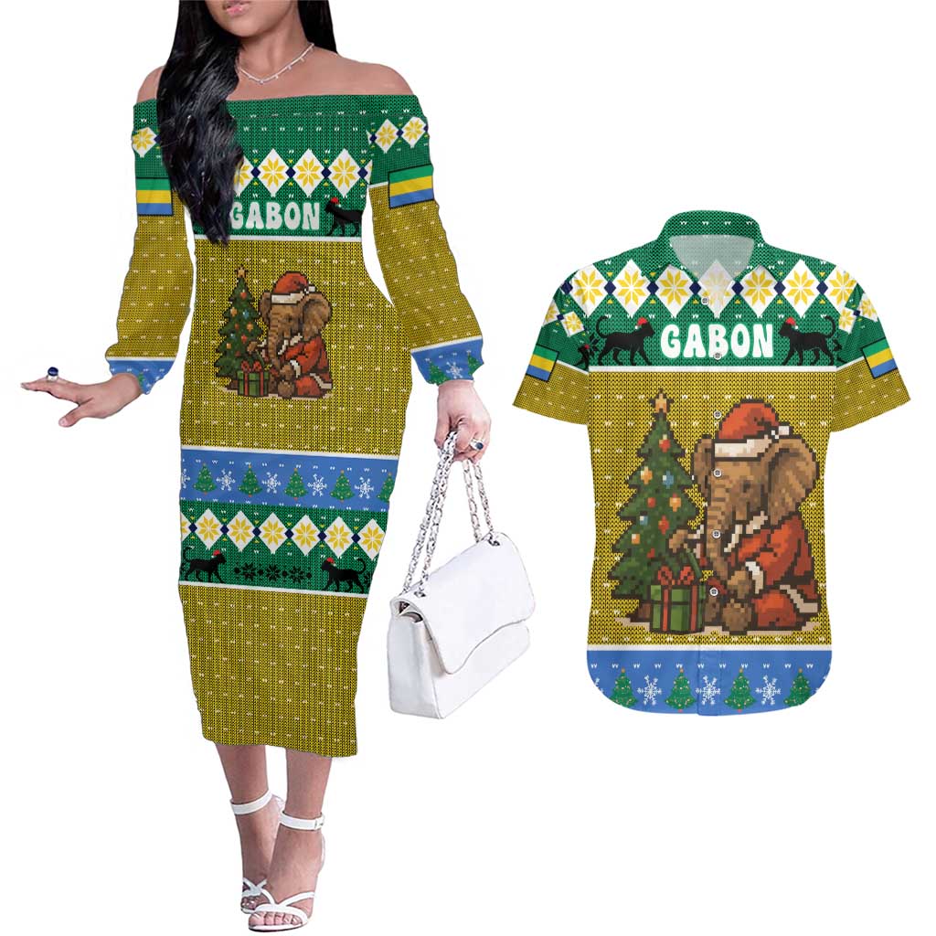 Gabon Christmas Couples Matching Off The Shoulder Long Sleeve Dress and Hawaiian Shirt with Pixel Art Elephant Santa Christmas Tree and Flag Colors Pattern - Wonder Print Shop