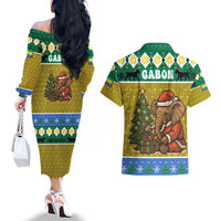Gabon Christmas Couples Matching Off The Shoulder Long Sleeve Dress and Hawaiian Shirt with Pixel Art Elephant Santa Christmas Tree and Flag Colors Pattern - Wonder Print Shop
