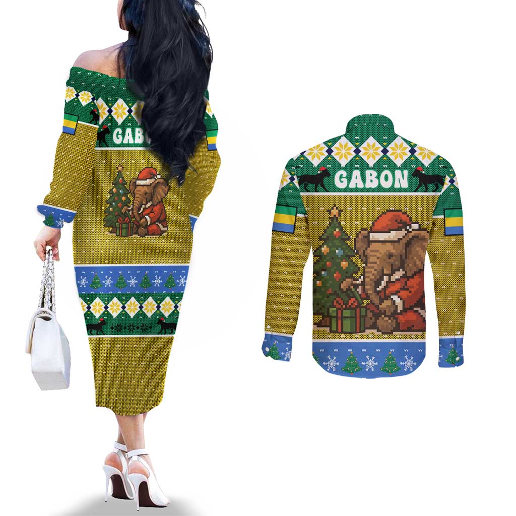 Gabon Christmas Couples Matching Off The Shoulder Long Sleeve Dress and Long Sleeve Button Shirt with Pixel Art Elephant Santa Christmas Tree and Flag Colors Pattern - Wonder Print Shop