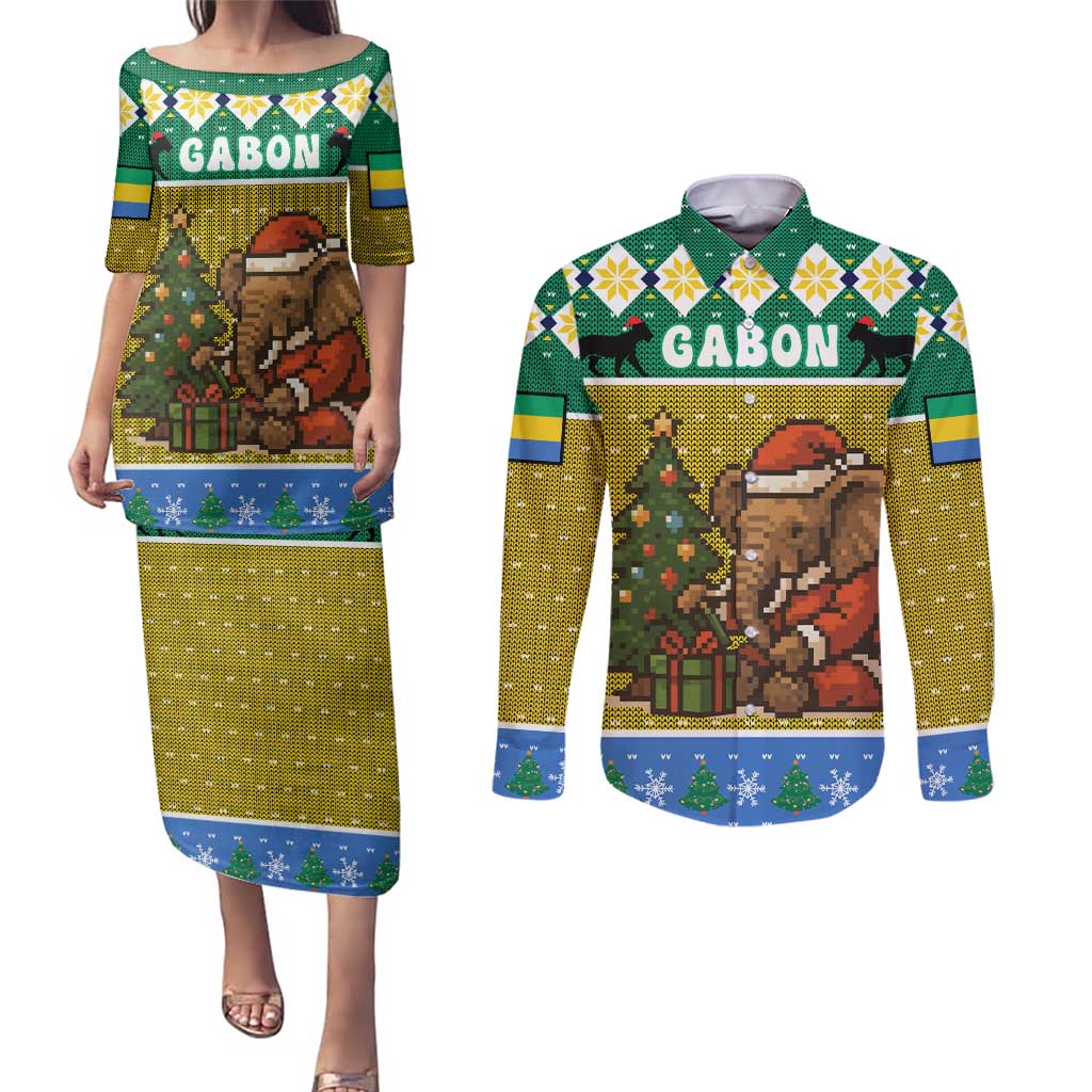 Gabon Christmas Couples Matching Puletasi and Long Sleeve Button Shirt with Pixel Art Elephant Santa Christmas Tree and Flag Colors Pattern - Wonder Print Shop
