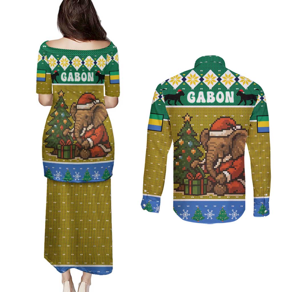 Gabon Christmas Couples Matching Puletasi and Long Sleeve Button Shirt with Pixel Art Elephant Santa Christmas Tree and Flag Colors Pattern - Wonder Print Shop