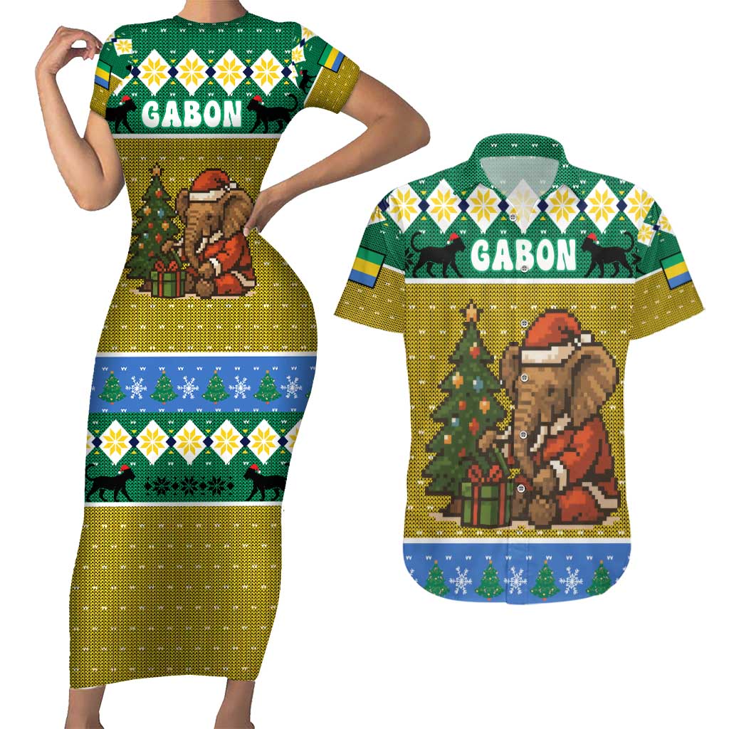 Gabon Christmas Couples Matching Short Sleeve Bodycon Dress and Hawaiian Shirt with Pixel Art Elephant Santa Christmas Tree and Flag Colors Pattern - Wonder Print Shop