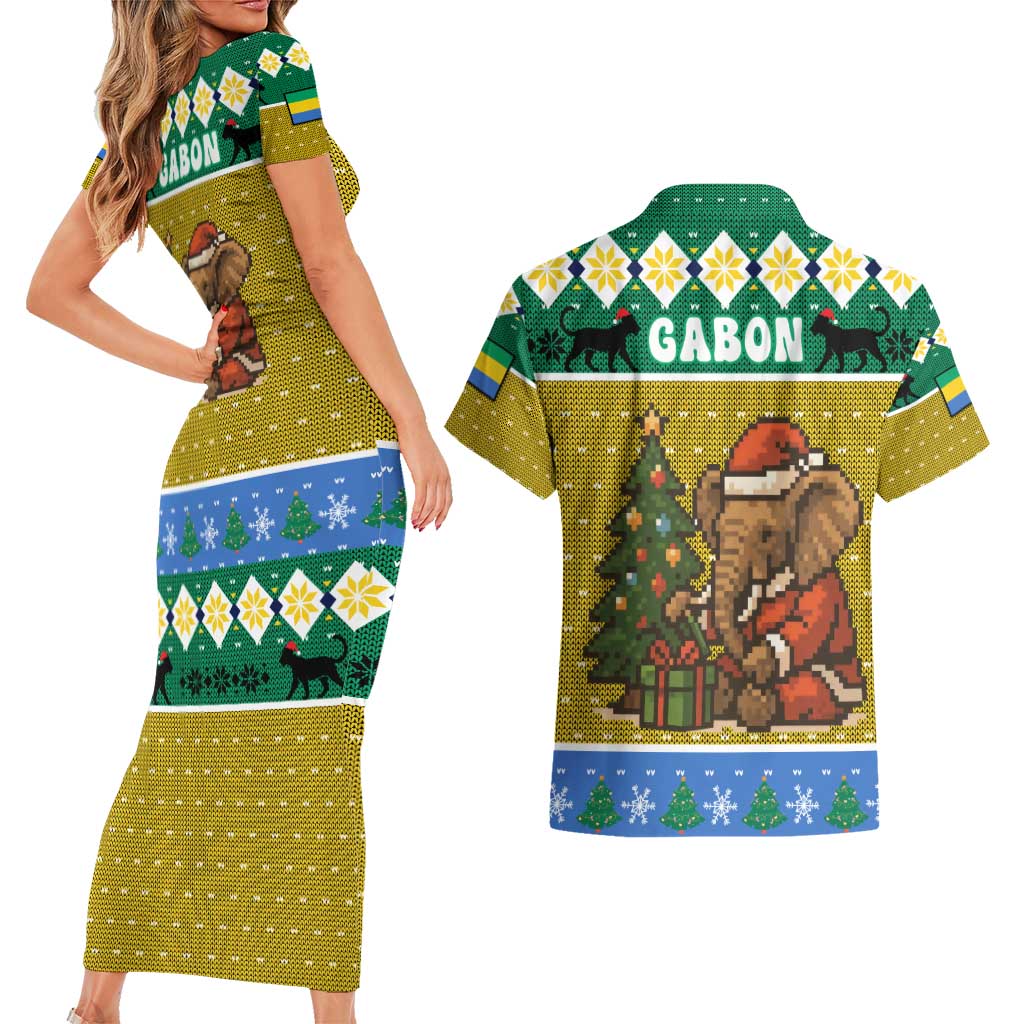 Gabon Christmas Couples Matching Short Sleeve Bodycon Dress and Hawaiian Shirt with Pixel Art Elephant Santa Christmas Tree and Flag Colors Pattern - Wonder Print Shop