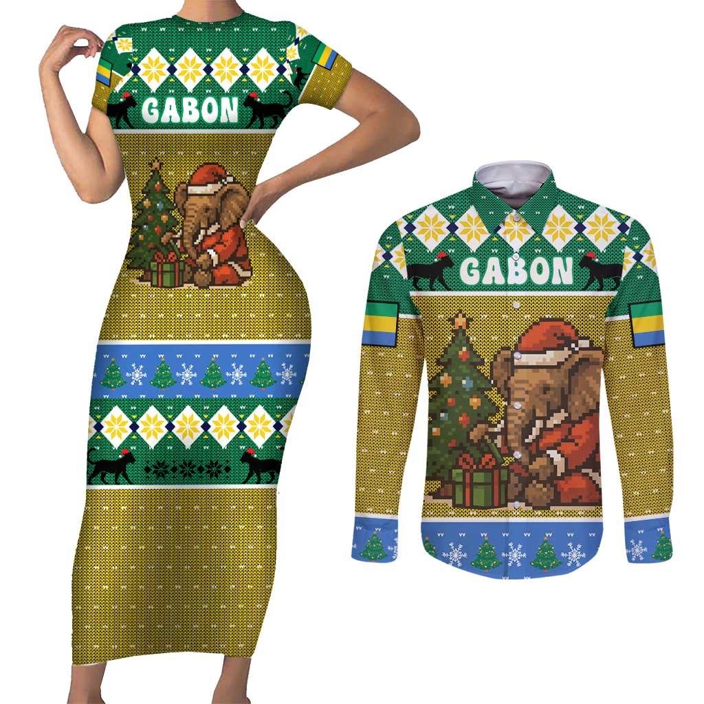 Gabon Christmas Couples Matching Short Sleeve Bodycon Dress and Long Sleeve Button Shirt with Pixel Art Elephant Santa Christmas Tree and Flag Colors Pattern - Wonder Print Shop