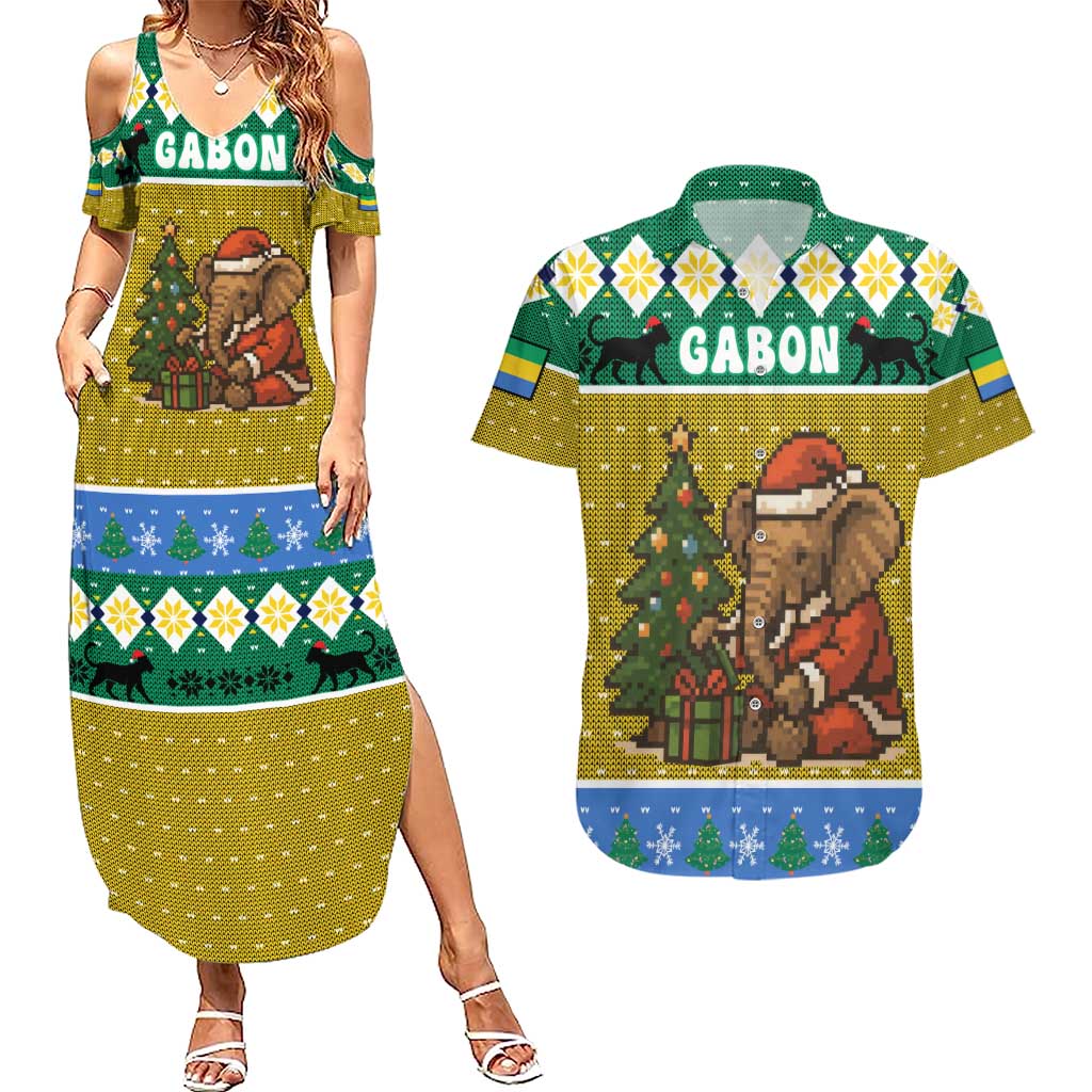 Gabon Christmas Couples Matching Summer Maxi Dress and Hawaiian Shirt with Pixel Art Elephant Santa Christmas Tree and Flag Colors Pattern - Wonder Print Shop