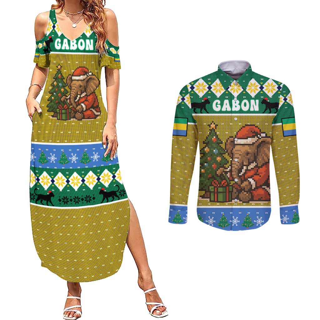 Gabon Christmas Couples Matching Summer Maxi Dress and Long Sleeve Button Shirt with Pixel Art Elephant Santa Christmas Tree and Flag Colors Pattern - Wonder Print Shop