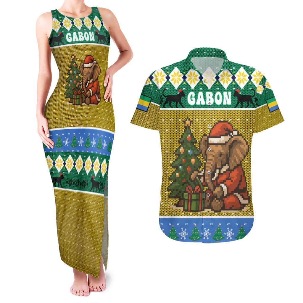 Gabon Christmas Couples Matching Tank Maxi Dress and Hawaiian Shirt with Pixel Art Elephant Santa Christmas Tree and Flag Colors Pattern - Wonder Print Shop