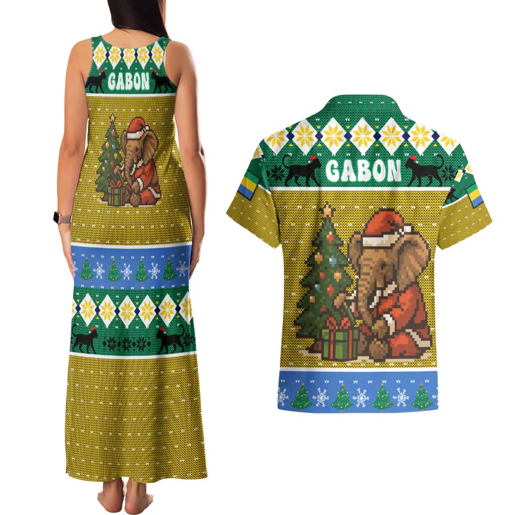 Gabon Christmas Couples Matching Tank Maxi Dress and Hawaiian Shirt with Pixel Art Elephant Santa Christmas Tree and Flag Colors Pattern - Wonder Print Shop