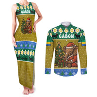 Gabon Christmas Couples Matching Tank Maxi Dress and Long Sleeve Button Shirt with Pixel Art Elephant Santa Christmas Tree and Flag Colors Pattern - Wonder Print Shop