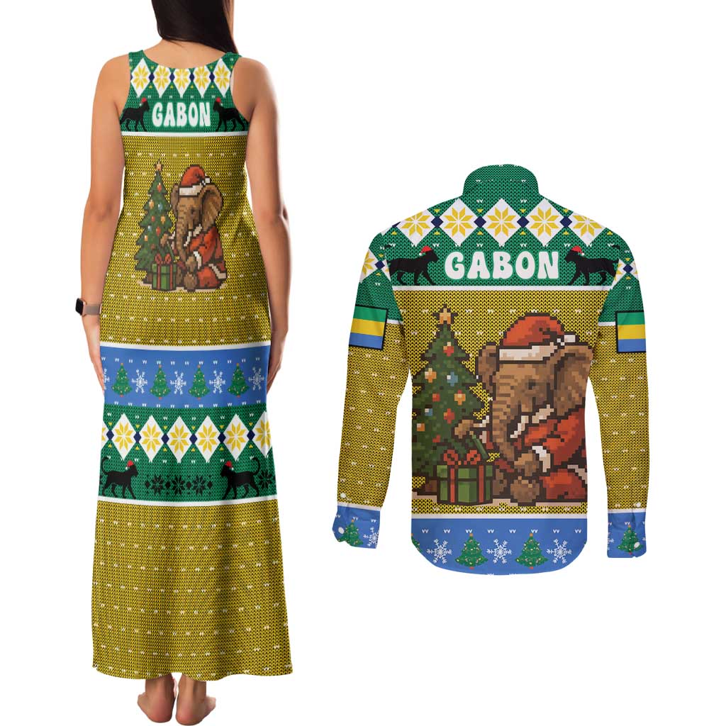Gabon Christmas Couples Matching Tank Maxi Dress and Long Sleeve Button Shirt with Pixel Art Elephant Santa Christmas Tree and Flag Colors Pattern - Wonder Print Shop