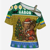 Gabon Christmas Cross Shoulder Shirt with Pixel Art Elephant Santa Christmas Tree and Flag Colors Pattern - Wonder Print Shop