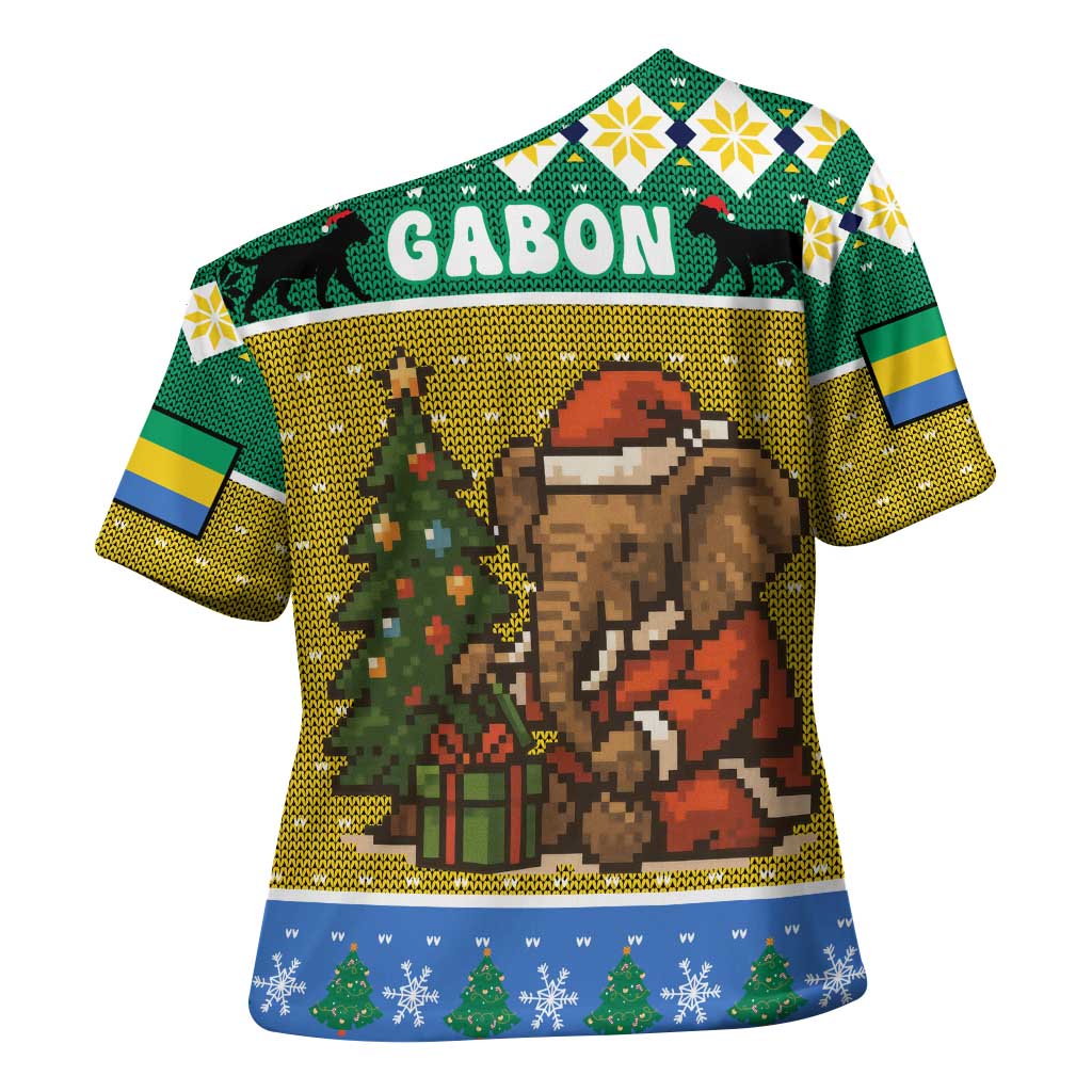Gabon Christmas Cross Shoulder Shirt with Pixel Art Elephant Santa Christmas Tree and Flag Colors Pattern - Wonder Print Shop