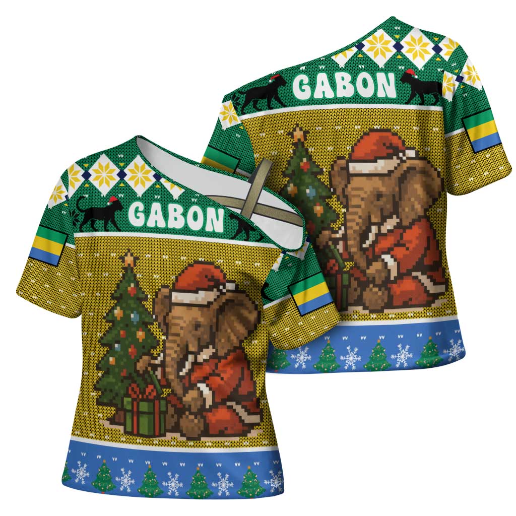 Gabon Christmas Cross Shoulder Shirt with Pixel Art Elephant Santa Christmas Tree and Flag Colors Pattern - Wonder Print Shop
