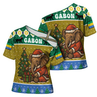Gabon Christmas Cross Shoulder Shirt with Pixel Art Elephant Santa Christmas Tree and Flag Colors Pattern - Wonder Print Shop