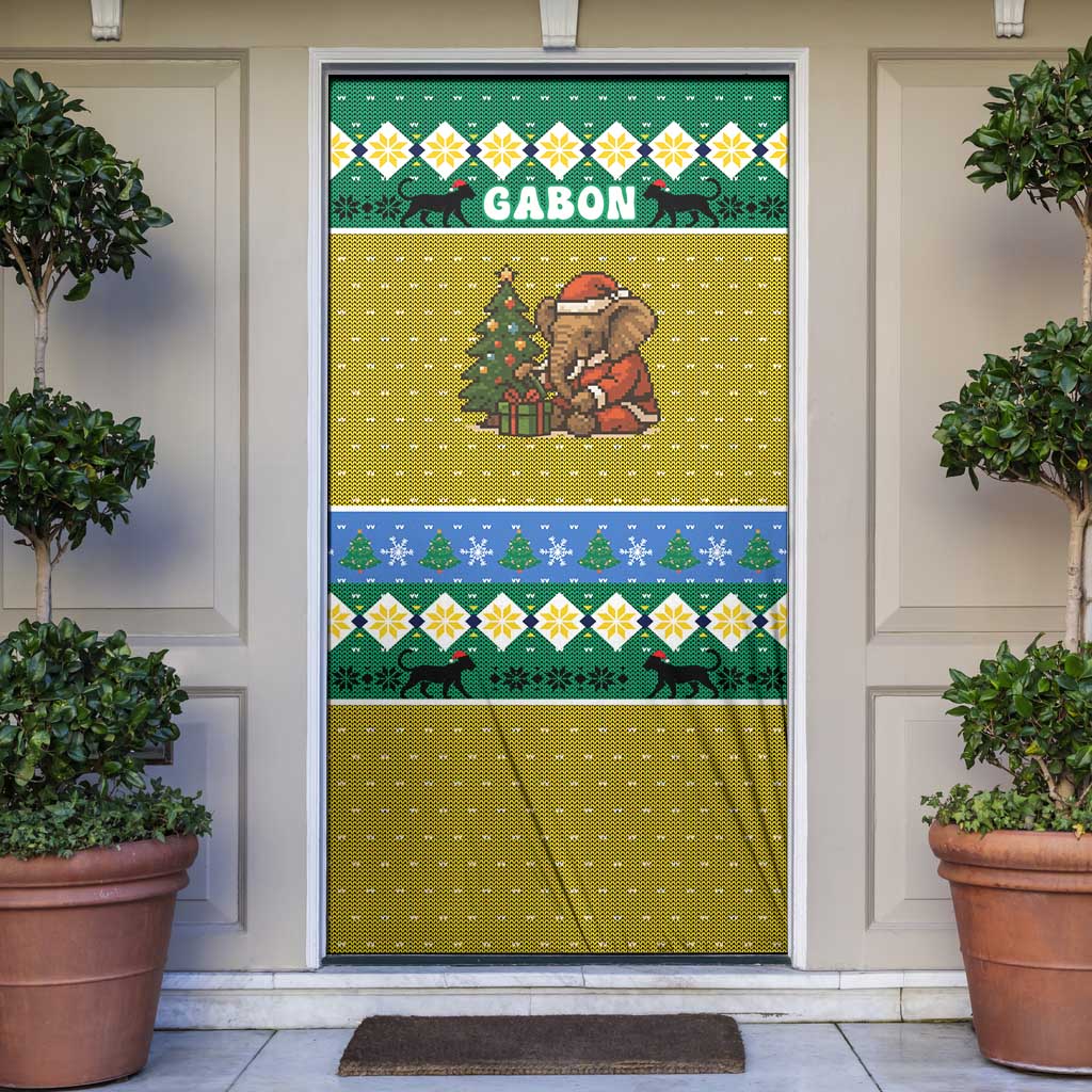 Gabon Christmas Door Cover with Pixel Art Elephant Santa Christmas Tree and Flag Colors Pattern - Wonder Print Shop
