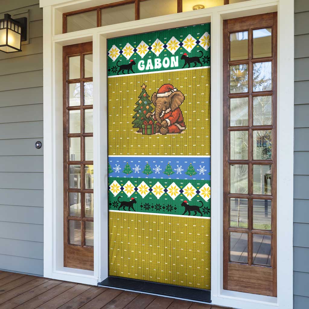 Gabon Christmas Door Cover with Pixel Art Elephant Santa Christmas Tree and Flag Colors Pattern - Wonder Print Shop
