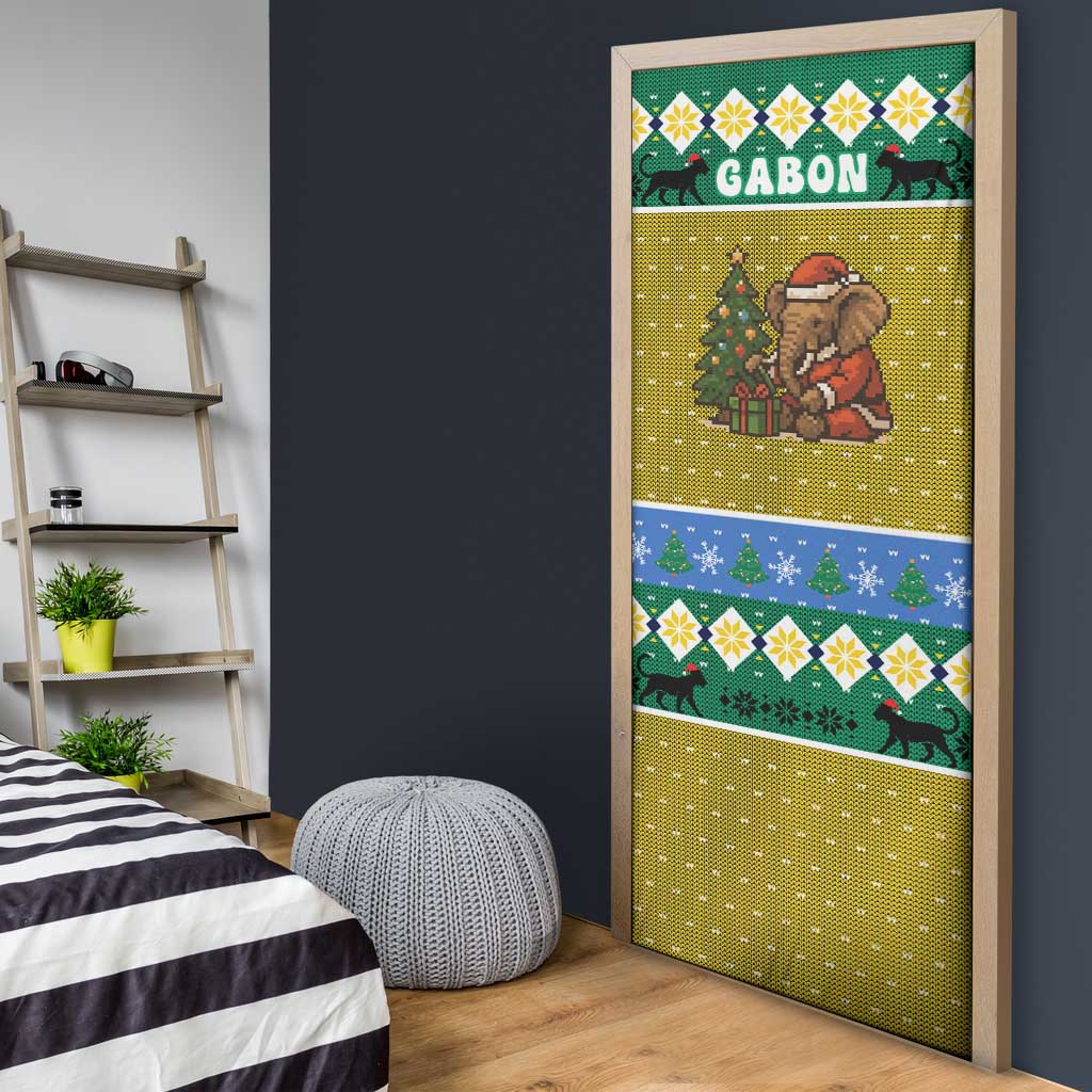 Gabon Christmas Door Cover with Pixel Art Elephant Santa Christmas Tree and Flag Colors Pattern - Wonder Print Shop