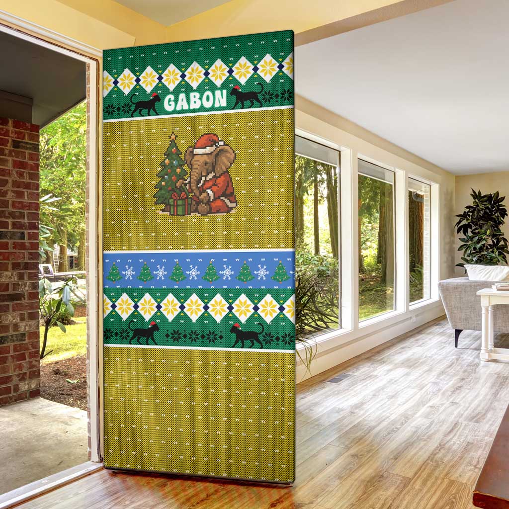 Gabon Christmas Door Cover with Pixel Art Elephant Santa Christmas Tree and Flag Colors Pattern - Wonder Print Shop