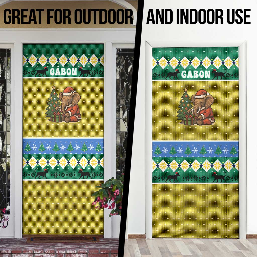 Gabon Christmas Door Cover with Pixel Art Elephant Santa Christmas Tree and Flag Colors Pattern - Wonder Print Shop