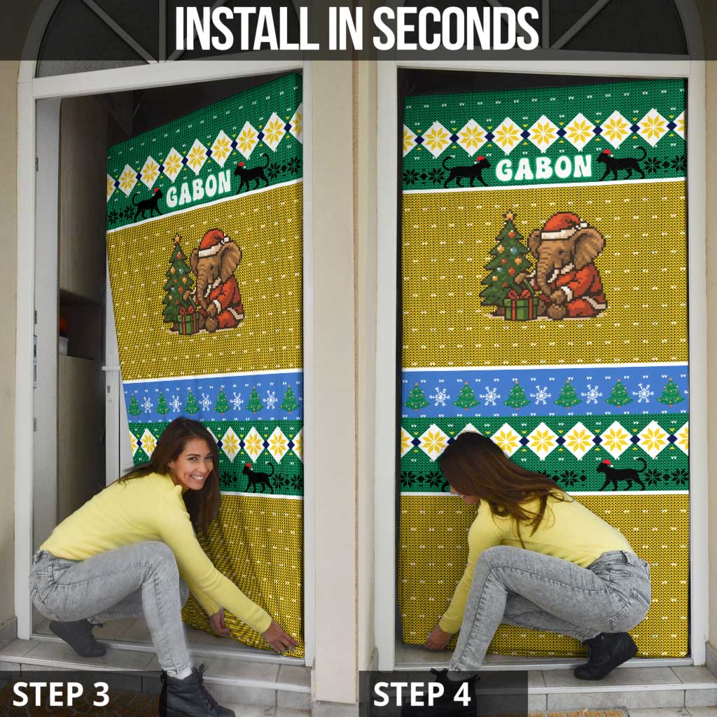 Gabon Christmas Door Cover with Pixel Art Elephant Santa Christmas Tree and Flag Colors Pattern - Wonder Print Shop