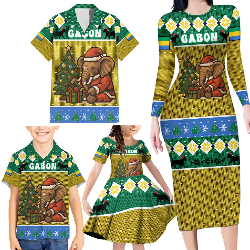 Gabon Christmas Family Matching Long Sleeve Bodycon Dress and Hawaiian Shirt with Pixel Art Elephant Santa Christmas Tree and Flag Colors Pattern - Wonder Print Shop