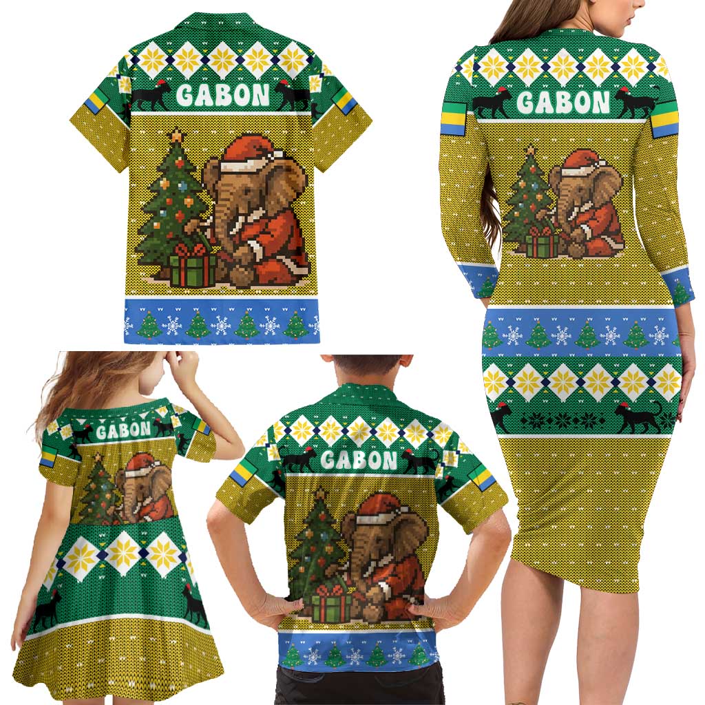 Gabon Christmas Family Matching Long Sleeve Bodycon Dress and Hawaiian Shirt with Pixel Art Elephant Santa Christmas Tree and Flag Colors Pattern - Wonder Print Shop