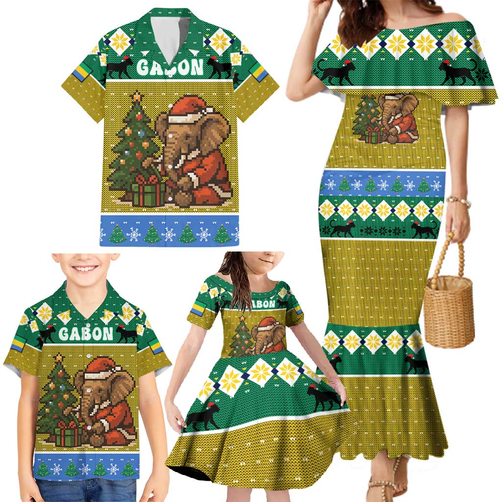 Gabon Christmas Family Matching Mermaid Dress and Hawaiian Shirt with Pixel Art Elephant Santa Christmas Tree and Flag Colors Pattern - Wonder Print Shop