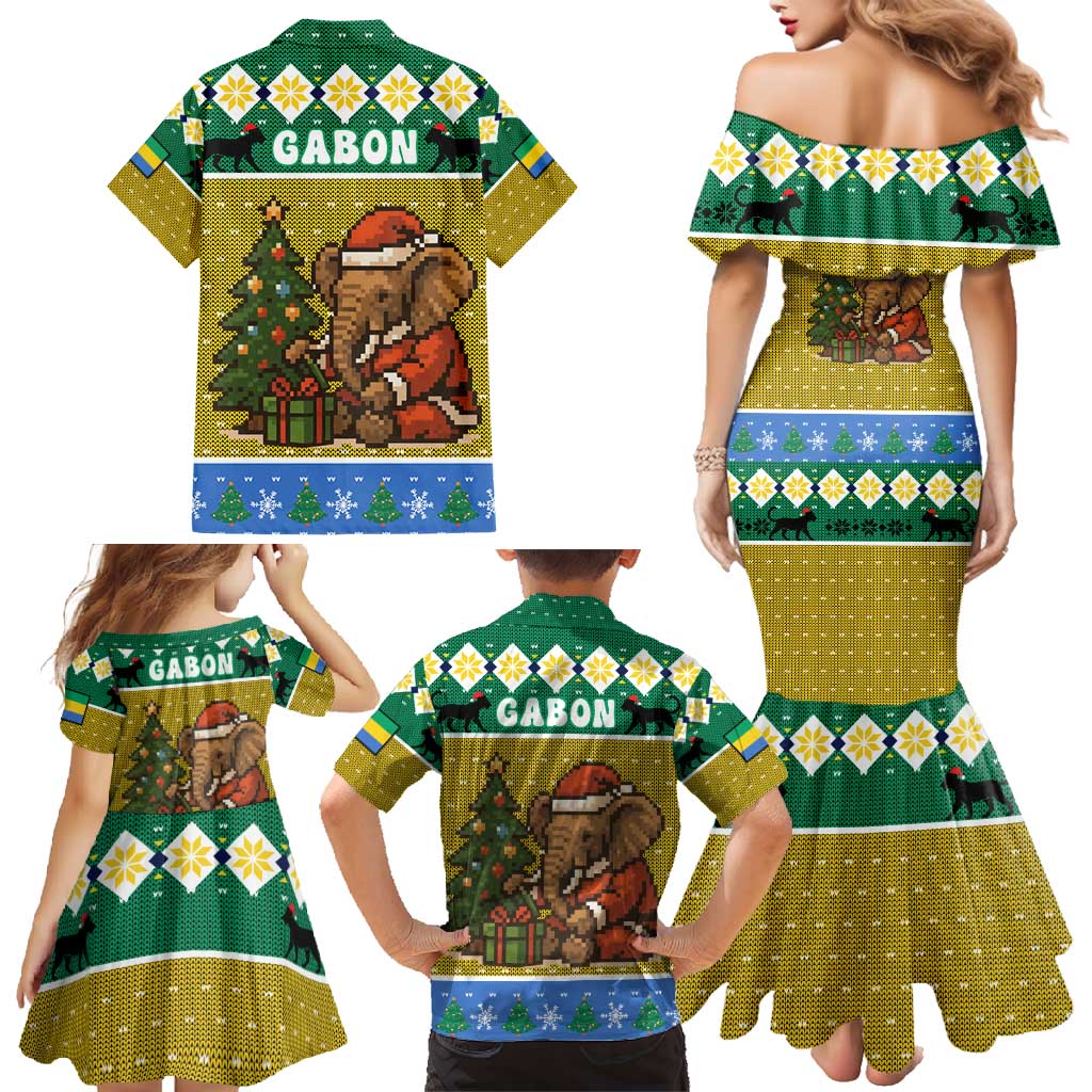 Gabon Christmas Family Matching Mermaid Dress and Hawaiian Shirt with Pixel Art Elephant Santa Christmas Tree and Flag Colors Pattern - Wonder Print Shop