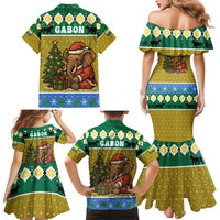 Gabon Christmas Family Matching Mermaid Dress and Hawaiian Shirt with Pixel Art Elephant Santa Christmas Tree and Flag Colors Pattern - Wonder Print Shop