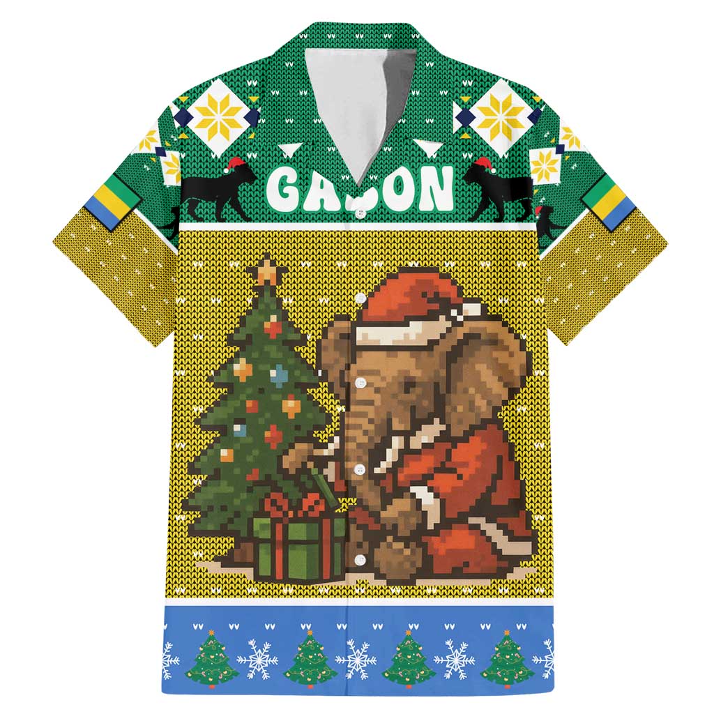 Gabon Christmas Family Matching Mermaid Dress and Hawaiian Shirt with Pixel Art Elephant Santa Christmas Tree and Flag Colors Pattern - Wonder Print Shop