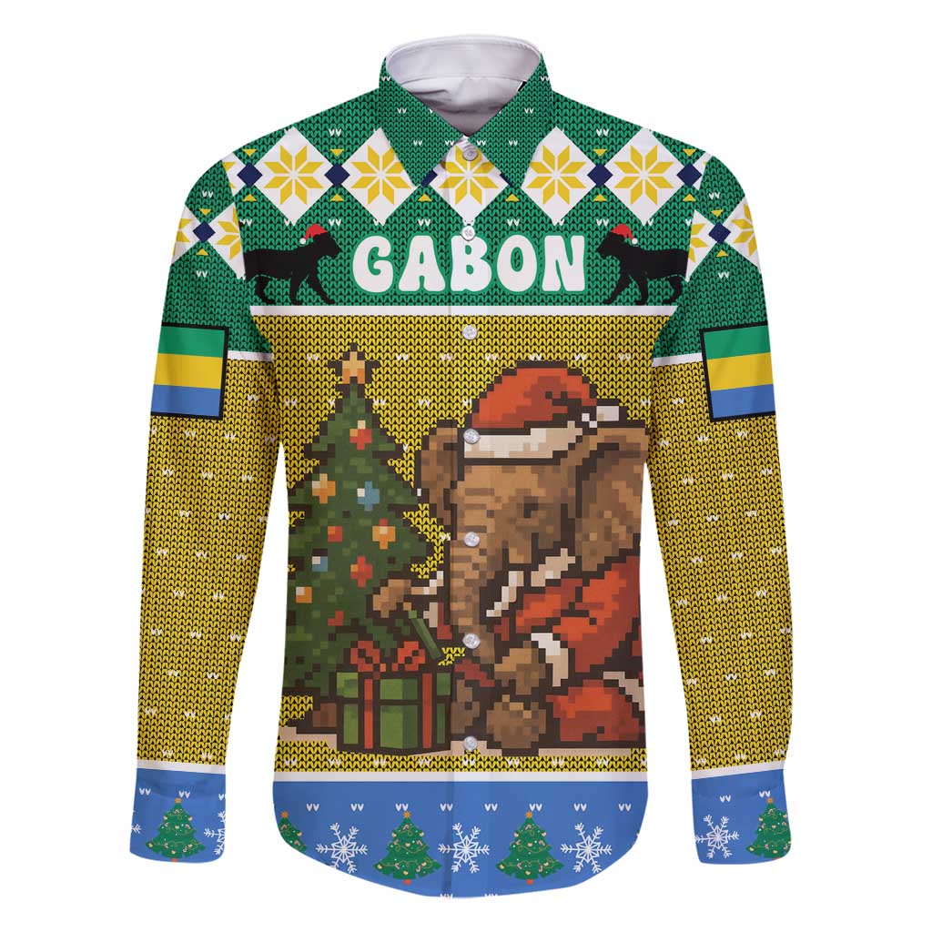 Gabon Christmas Family Matching Mermaid Dress and Hawaiian Shirt with Pixel Art Elephant Santa Christmas Tree and Flag Colors Pattern - Wonder Print Shop