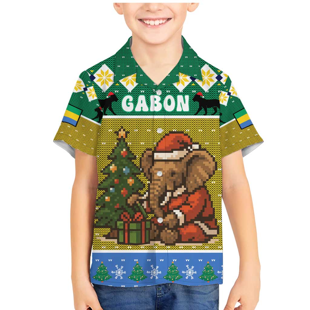 Gabon Christmas Family Matching Mermaid Dress and Hawaiian Shirt with Pixel Art Elephant Santa Christmas Tree and Flag Colors Pattern - Wonder Print Shop