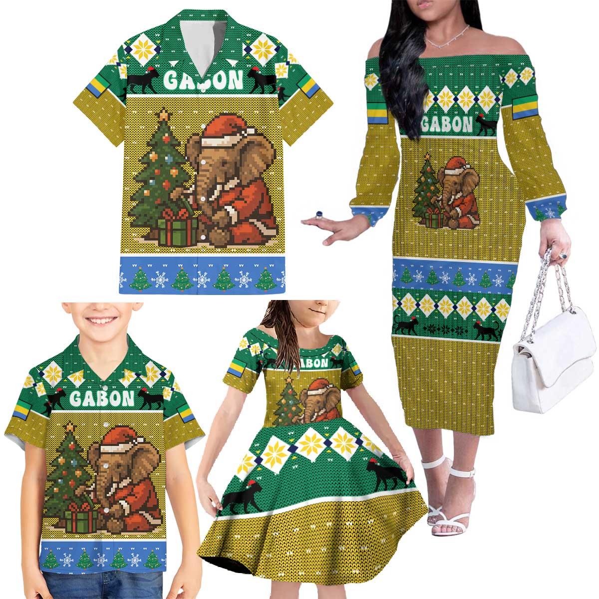 Gabon Christmas Family Matching Off The Shoulder Long Sleeve Dress and Hawaiian Shirt with Pixel Art Elephant Santa Christmas Tree and Flag Colors Pattern - Wonder Print Shop