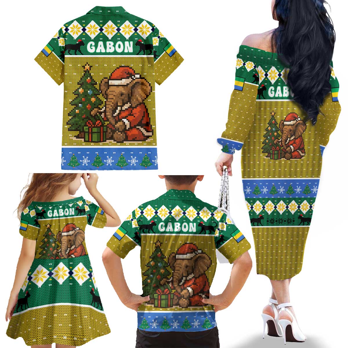 Gabon Christmas Family Matching Off The Shoulder Long Sleeve Dress and Hawaiian Shirt with Pixel Art Elephant Santa Christmas Tree and Flag Colors Pattern - Wonder Print Shop