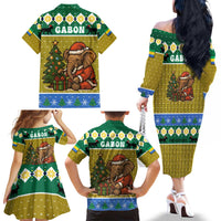 Gabon Christmas Family Matching Off The Shoulder Long Sleeve Dress and Hawaiian Shirt with Pixel Art Elephant Santa Christmas Tree and Flag Colors Pattern - Wonder Print Shop