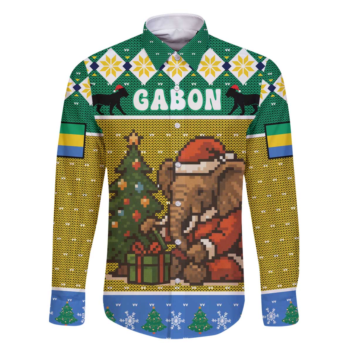 Gabon Christmas Family Matching Off The Shoulder Long Sleeve Dress and Hawaiian Shirt with Pixel Art Elephant Santa Christmas Tree and Flag Colors Pattern - Wonder Print Shop