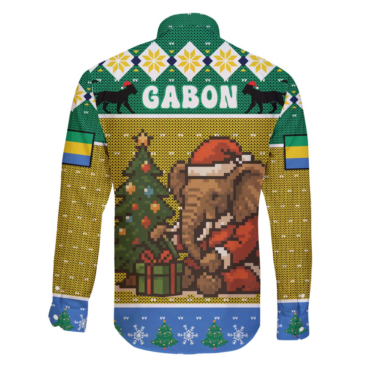 Gabon Christmas Family Matching Off The Shoulder Long Sleeve Dress and Hawaiian Shirt with Pixel Art Elephant Santa Christmas Tree and Flag Colors Pattern - Wonder Print Shop