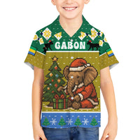 Gabon Christmas Family Matching Off The Shoulder Long Sleeve Dress and Hawaiian Shirt with Pixel Art Elephant Santa Christmas Tree and Flag Colors Pattern - Wonder Print Shop