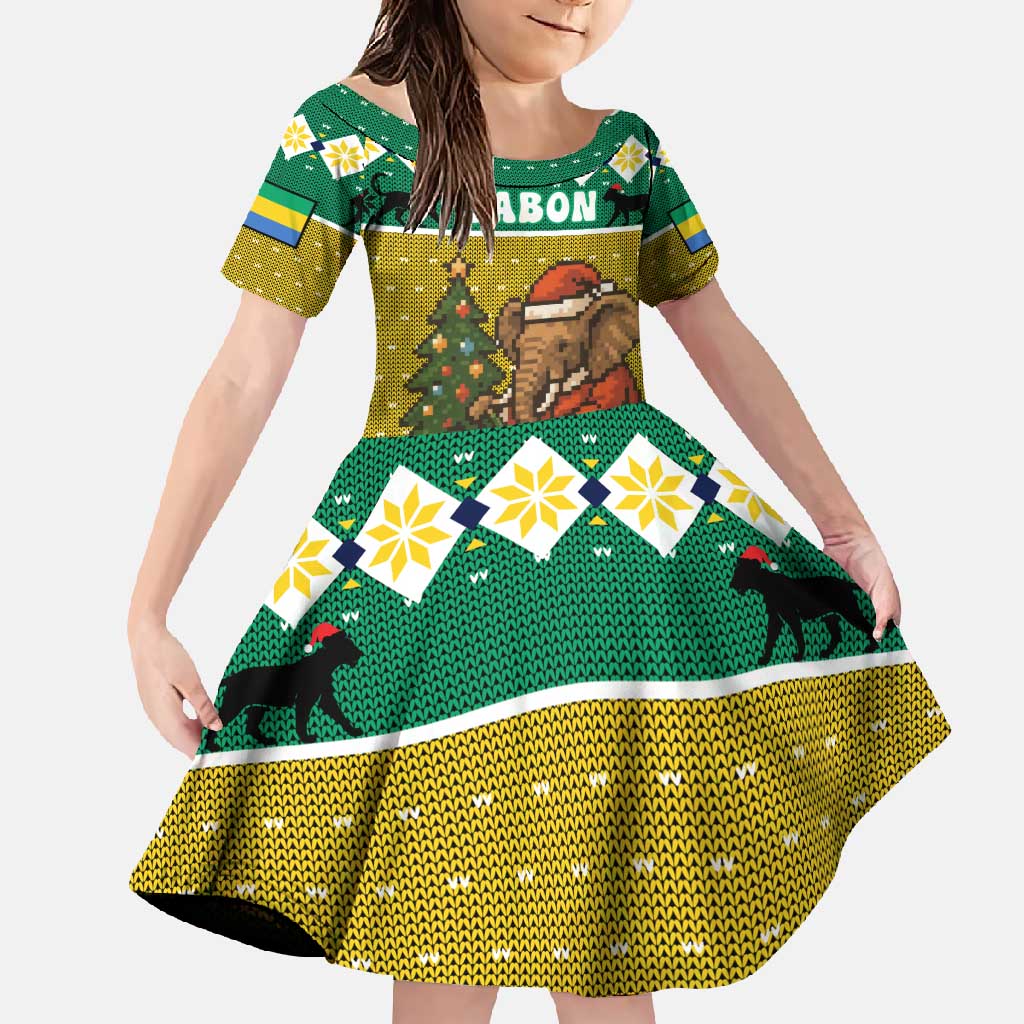 Gabon Christmas Family Matching Off Shoulder Maxi Dress and Hawaiian Shirt with Pixel Art Elephant Santa Christmas Tree and Flag Colors Pattern - Wonder Print Shop