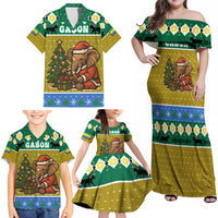 Gabon Christmas Family Matching Off Shoulder Maxi Dress and Hawaiian Shirt with Pixel Art Elephant Santa Christmas Tree and Flag Colors Pattern - Wonder Print Shop