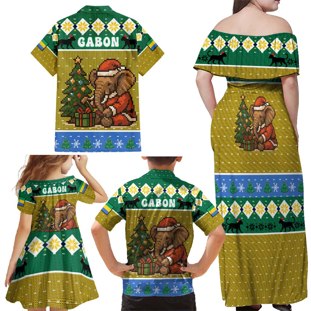 Gabon Christmas Family Matching Off Shoulder Maxi Dress and Hawaiian Shirt with Pixel Art Elephant Santa Christmas Tree and Flag Colors Pattern - Wonder Print Shop