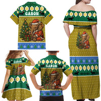 Gabon Christmas Family Matching Off Shoulder Maxi Dress and Hawaiian Shirt with Pixel Art Elephant Santa Christmas Tree and Flag Colors Pattern - Wonder Print Shop