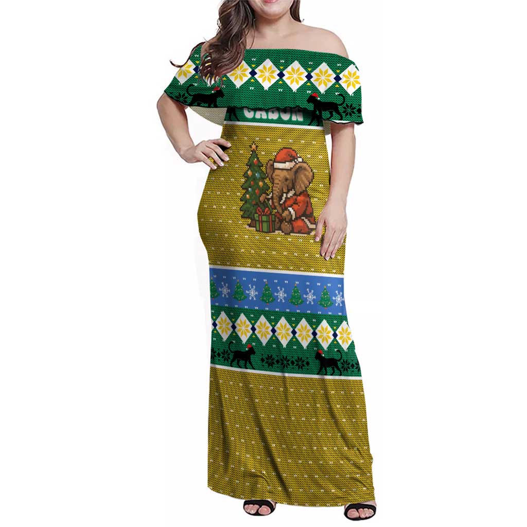 Gabon Christmas Family Matching Off Shoulder Maxi Dress and Hawaiian Shirt with Pixel Art Elephant Santa Christmas Tree and Flag Colors Pattern - Wonder Print Shop