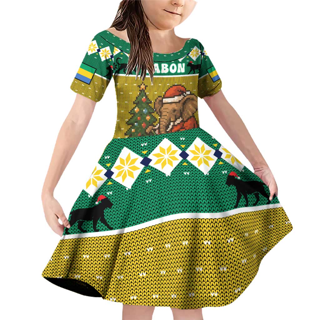 Gabon Christmas Family Matching Off Shoulder Short Dress and Hawaiian Shirt with Pixel Art Elephant Santa Christmas Tree and Flag Colors Pattern - Wonder Print Shop