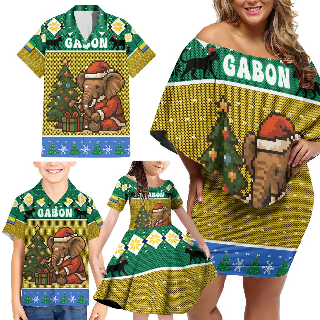 Gabon Christmas Family Matching Off Shoulder Short Dress and Hawaiian Shirt with Pixel Art Elephant Santa Christmas Tree and Flag Colors Pattern - Wonder Print Shop