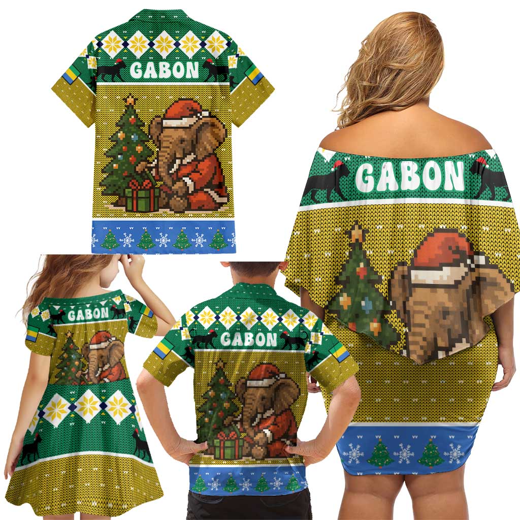 Gabon Christmas Family Matching Off Shoulder Short Dress and Hawaiian Shirt with Pixel Art Elephant Santa Christmas Tree and Flag Colors Pattern - Wonder Print Shop