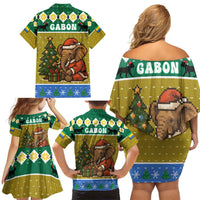 Gabon Christmas Family Matching Off Shoulder Short Dress and Hawaiian Shirt with Pixel Art Elephant Santa Christmas Tree and Flag Colors Pattern - Wonder Print Shop