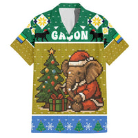 Gabon Christmas Family Matching Off Shoulder Short Dress and Hawaiian Shirt with Pixel Art Elephant Santa Christmas Tree and Flag Colors Pattern - Wonder Print Shop